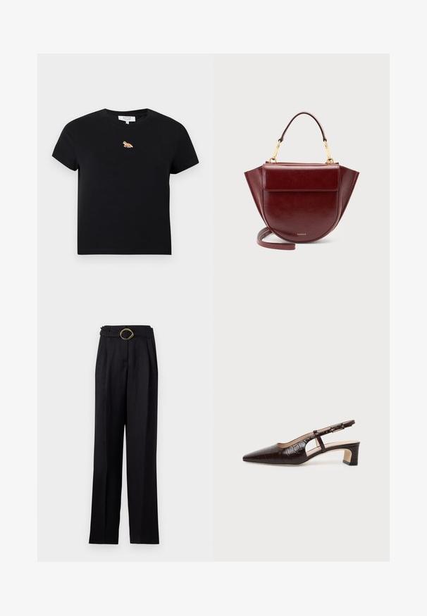 Camiseta corta negra de manga corta con pequeño logo bordado de zorro naranja centrado debajo del escote redondo.; Pantalones negros de cintura alta con un diseño de pierna ancha, que presentan una hebilla de oro retorcida en el cinturón. Tela suave con un brillo sutil.; Zapato slingback de cuero con textura de cocodrilo en marrón oscuro, puntera puntiaguda, tacón bajo de bloque y correa ajustable con hebilla dorada.; Bolso de mano de cuero rojo oscuro con asa superior, herrajes dorados, bolsillo delantero con solapa y correa larga, sobre un fondo claro y liso.
