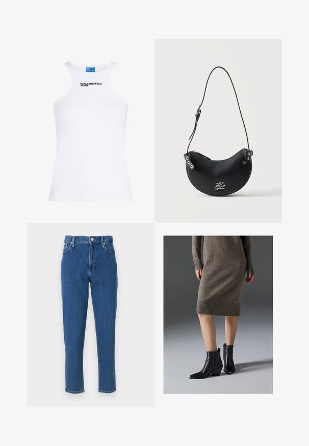 Valge varrukateta soonikkoes tanktop kõrge kaelusega ja musta tekstiga "KARL LAGERFELD JEANS" rinnal.; Sinine teksapükste mudel, mis sisaldab kõrget vööd, tõmblukkude sulgemist, viit taskut, sirget jalga ning peent pleekinud tekstuuri, lõpuks puhta ääristusega.; Mustmustest nahkainked, millel on terav nina, koonuskaal ja sakilised õmblusdetailid, sobitatud ribakujulise pruunist kudumist kleidiga.; Mustast nahast poolkuukujuline õlakott, millel on reguleeritav õhuke rihm ja esiküljel väike hõbedane logo.