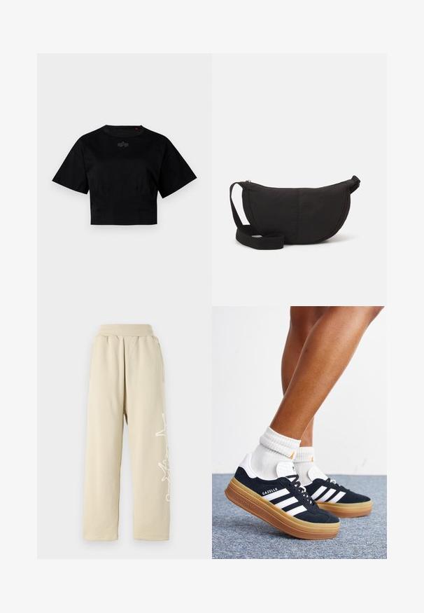 Schwarzes, kurzes T-Shirt aus Baumwolle. Mit kurzen Ärmeln und Rundhalsausschnitt. Enthält ein dezentes Logodetail auf der Brust.; Beige Sweatpants mit lockerer Passform, einem elastischen Bund, Seitentaschen und einem weißen grafischen Detail entlang des linken Beins. Aus weichem Baumwollmaterial.; Beine mit weißen Socken und schwarzen Adidas Gazelle Sneakers mit weißen Streifen und dicken braunen Sohlen auf einem grauen Teppichboden.; Schwarze Schultertasche mit einer abgerundeten Silhouette. Hergestellt aus strukturiertem Stoff, ausgestattet mit einem Reißverschluss und einem geflochtenen Schulterriemen. Schlichtes, minimalistisches Design.