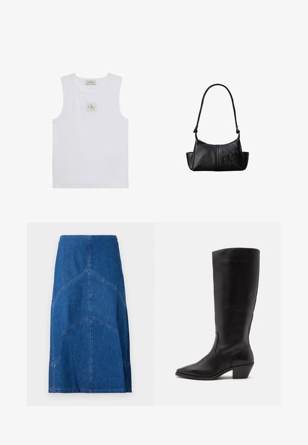 Weißes ärmelloses Tanktop mit Calvin Klein Jeans-Label auf der Brust und einem Etikett nahe dem Halsausschnitt vor weißem Hintergrund.; Denim-Bleistiftrock in Dunkelblau mit vertikalen Nahtdetails und gerader Silhouette. Verfügt über einen Bund und einen rohen Saum.; Schwarzer Lederstiefel bis zur Wade mit spitzer Spitze und niedrigem schrägem Absatz vor einfachem hellem Hintergrund.; Schwarze Leder-Schultertasche mit langem Träger, Seitentaschen und eingeprägtem Calvin Klein-Logo auf der Vorderseite.