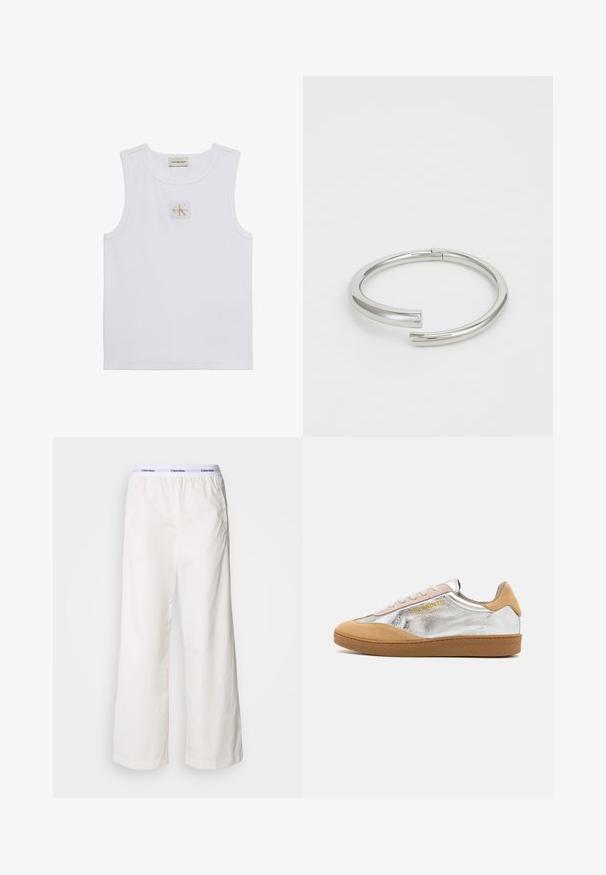 Witte mouwloze tanktop met Calvin Klein Jeans-label op de borst en een labeltje bij de halslijn op een effen witte achtergrond.; Witte wijde broek met een elastische tailleband met een contrasterend Calvin Klein-logo. Gemaakt van gladde stof, bieden ze een ontspannen fit.; Zilveren en tan suède sneakers met een gestructureerde rubberen zool, beige veters en een gele logo-print aan de zijkant.; Calvin Klein SPIRAL - Armband - silver-coloured