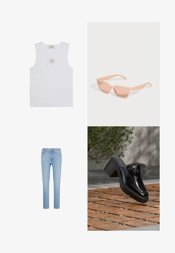 Biele tielko bez rukávov s nápisom Calvin Klein Jeans na hrudi a štítkom pri výstrihu na jednofarebnom bielom pozadí.; Svetlomodré slim fit rifle s piatimi vreckami, predným zapínaním na gombík a zipsom, zobrazené na bielom pozadí.; Čierne kožené šľapky Calvin Klein s blokovým podpätkom, ktoré oddychujú na drevených dlaždiciach vonku blízko zelenej rastliny a šedej steny.; Obdĺžnikové svetlé broskyňové slnečné okuliare s hrubými rámami a zodpovedajúcimi tónovanými sklami na jednoduchom svetlom pozadí.