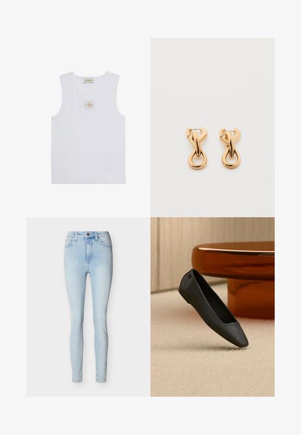 Άσπρο αμάνικο τοπ με ετικέτα Calvin Klein Jeans στο στήθος και ταμπελάκι κοντά στον λαιμό σε απλό λευκό φόντο.; Ξανθά στενά τζιν με ψηλή μέση, κλείσιμο με κουμπί και φερμουάρ μπροστά, πέντε τσέπες και διακριτική ξεθώριαση κατά μήκος των ποδιών.; Μαύρο, μυτερό, φλατ παπούτσι ακουμπάει σε μπεζ χαλί κοντά σε στρογγυλό τραπέζι κεχριμπαρένιου χρώματος σε έναν μινιμαλιστικό χώρο.; Ζευγάρι λαμπερών σκουλαρικιών σε χρυσό τόνο με βρόχο, σε απλό λευκό φόντο, με σχέδιο πλεγμένων σπειρωτών.