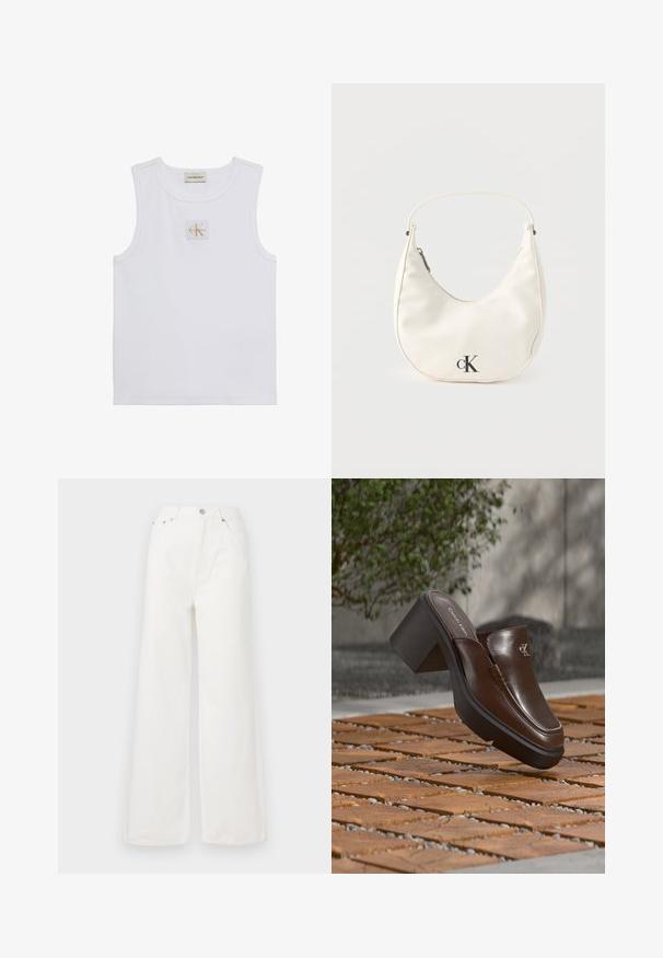 Débardeur blanc sans manches avec étiquette Calvin Klein Jeans sur la poitrine et une étiquette près de l'encolure sur fond blanc uni.; Jeans large à taille haute blancs en denim. Comprend des poches avant, une fermeture à bouton et des détails d'ourlet effiloché.; Mule à talon en cuir marron Calvin Klein flottant au-dessus d'un sol en carrelage en bois avec en arrière-plan une plante verte et un mur flous.; Petit sac à main blanc en forme de croissant avec une courte bandoulière, fermeture éclair et logo "cK" noir sur le devant.