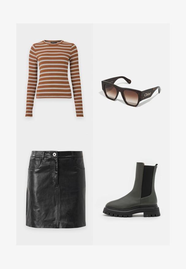 Langærmet ribstrikket top i brun med vandrette hvide striber. Har rund halsudskæring og tætsiddende silhuet. Glat tekstur overalt.; Weekend Max Mara HULL - Pencil skirt - nero; Stuart Weitzman BEDFORD BOOTIE - Plateaustøvletter - cargo green; Mørke skildpadde-solbriller med en flad kvadratisk stel og gradient brune linser. Har et logo på siden og en glat overflade.