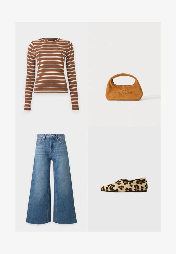Haut à manches longues côtelé de couleur marron avec des rayures blanches horizontales. Il présente un col rond et une silhouette ajustée. Texture lisse sur l’ensemble.; Jean bleu à jambes larges, taille haute, bouton à l'avant, fermeture éclair et coutures visibles sur fond blanc.; Chaussures plates en imprimé léopard en fausse fourrure douce, avec un design à bout pointu et un profil bas. Teintes naturelles avec des accents noirs.; Sac à main en suede marron avec poignée intégrée et "THE SACK BAG MARC JACOBS" imprimé sur le devant, présenté sur un fond blanc.