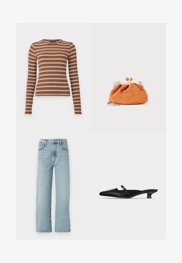 Langærmet ribstrikket top i brun med vandrette hvide striber. Har rund halsudskæring og tætsiddende silhuet. Glat tekstur overalt.; Lyst blå lige ben jeans lavet af denim, med højTalje, en frontknaplukning og subtile falmninger på stoffet.; Sort mule med spids tå, lav kittenhæl og tynd rem over vristen med en lille guldknapdetalje.; Lille orange flettet clutch-pung med sølvmetalramme, rund lukning og en sølvkæde-rem på en hvid baggrund.