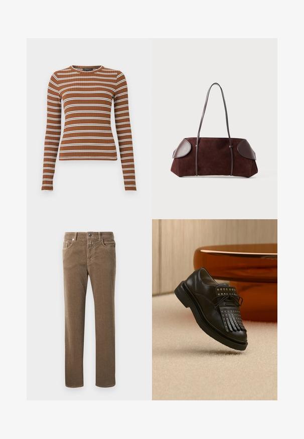 Haut à manches longues côtelé de couleur marron avec des rayures blanches horizontales. Il présente un col rond et une silhouette ajustée. Texture lisse sur l’ensemble.; Pantalons en velours côtelé marron à jambe droite avec poches avant, passants de ceinture et fermeture à bouton sur fond blanc.; Chaussure en cuir noire à lacets avec franges décoratives et clous métalliques posée sur un tapis beige près d'un meuble marron.; Sac en daim marron avec des accents en cuir, forme structurée, double poignées, bords arrondis, présentant une texture lisse et un matériel minimal.
