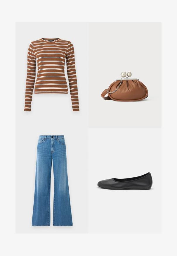 Langärmeliges, geripptes Oberteil in Braun mit horizontalen weißen Streifen. Verfügt über einen Rundhalsausschnitt und eine taillierte Silhouette. Gleichmäßige, glatte Textur.; Blaue High-Waist-Jeans aus Denim mit weitem Bein, Frontknopf, Reißverschluss und Vorder- sowie Gesäßtaschen.; Schwarze Leder-Ballettschuhe mit abgerundeter Spitze, glatter Textur, minimalen Nähdetails und einem flexiblen Sohlen-Design.; Braune Leder-Clutch mit silbernem Kugelverschluss und einem kleinen silbernen Kettendetail auf weißem Hintergrund.