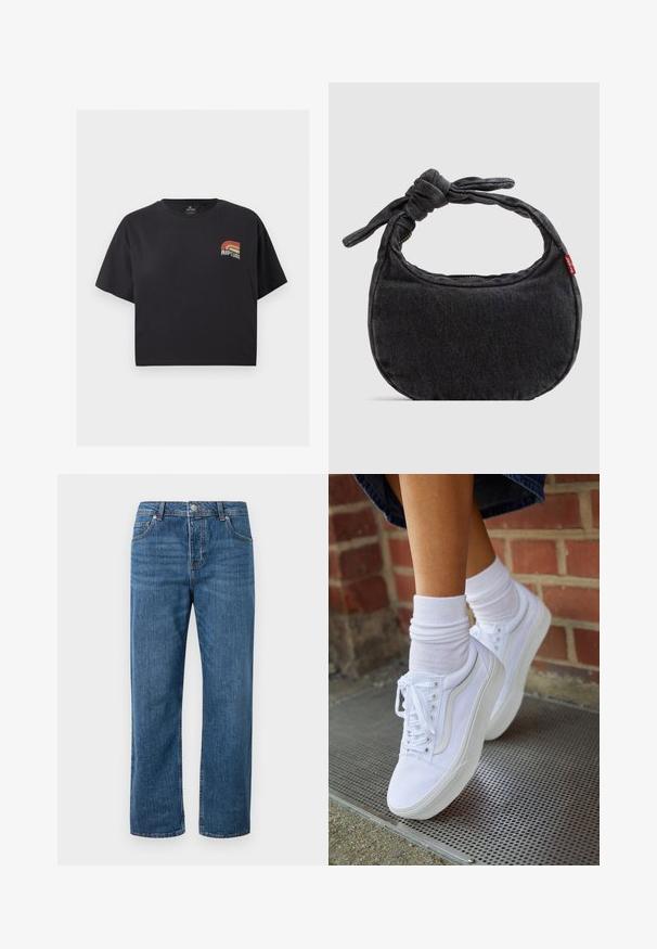 Schwarzes kurzärmeliges Crop-T-Shirt mit kleinem orange-beigem Retro-Rip Curl-Logo auf der linken Brust.; Blaue Jeans aus Denim mit geradem Bein und hoher Taille. Zu den Merkmalen gehören Fronttaschen, ein Knopfverschluss und dezente Nähte.; Weiße Leinensneaker mit Gummisohlen, ausgestattet mit sechs Ösen, runder Zehenpartie und dezenten Nähten, kombiniert mit weißen Knöchelsocken.; Kleine schwarze Jeans-Umhängetasche mit geknotetem Riemen und Reißverschluss, mit einem roten Levi's Stoffetikett an der Seite.