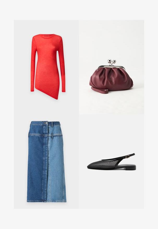 Rotes Langarmshirt mit asymmetrischem Saum, aus leichtem Material gefertigt. Glatte Textur mit Rundhalsausschnitt und minimalen Nähten.; Jeansrock mit einem Color-Block-Design, das auf einer Seite dunkelblau und auf der anderen Seite hellblau ist, mit einem Knopfverschluss und Taschen.; Schwarzer Slingback-Flachschuh mit spitzer Kappe, Mesh-Obermaterial, verstellbarem Schnallenriemen und niedrigem Blockabsatz auf weißem Hintergrund.; Kleine burgunderrote Lederclutch mit silbernem Metallverschluss und Handgelenksriemen auf weißem Hintergrund.