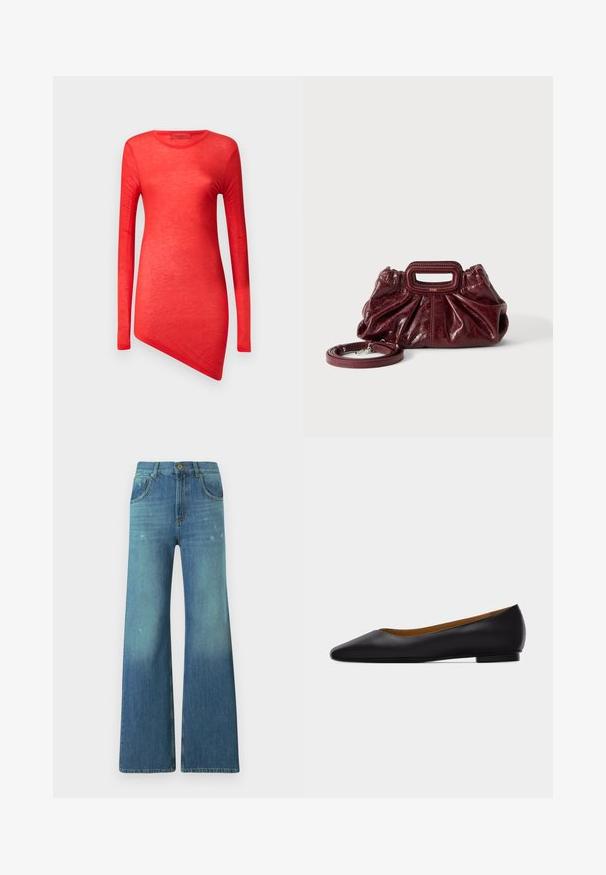 Rød langærmet top med en asymmetrisk kant, lavet af letvægtsmateriale. Glat tekstur med rund halsudskæring og minimale sømme.; Bredde bukser i blå denim med en lysvask gradient, med fem-lomme design, lynlås i taljen og detaljer med messingknap ved taljen.; Sort læder flad sko med spids tå, lav hæl og glat finish, vist fra siden på en lysegrå baggrund.; Lille mørkerød læderhåndtaske med opsamlet struktur, rektangulært håndudskåret håndtag og aftagelig skulderrem på hvid baggrund.
