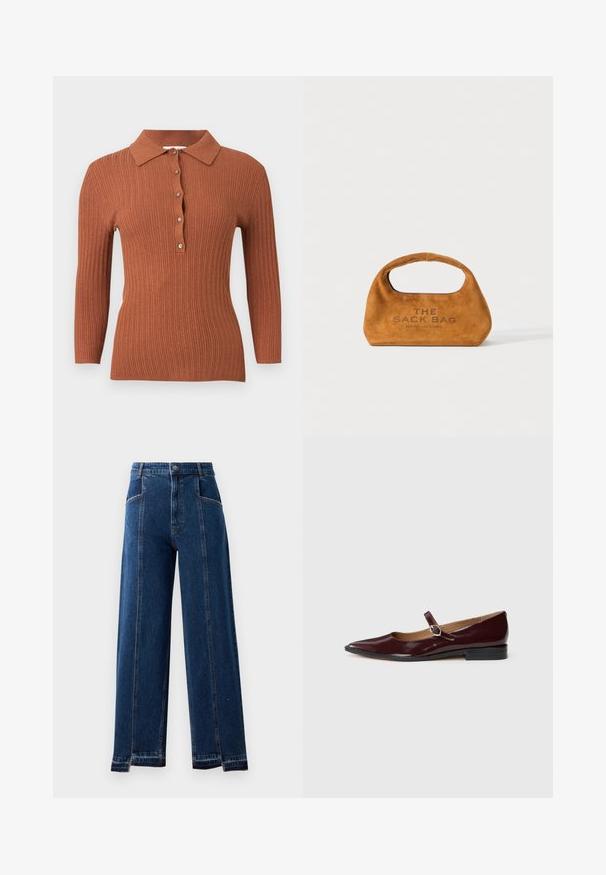 Roodbruine ribgebreide trui met lange mouwen, een kraag en een vierknops knoopsluiting middenvoor.; High-waisted, wide-leg jeans in donkerblauwe denim met voorzakken, contrasterende stitching en rafelige zoomdetails.; Bordeaux patentleren Mary Jane ballerina's met een spitse neus, platte hak en een decoratieve band met een ronde gespaccent.; Bruine zijden handtas met geïntegreerd handvat en "THE SACK BAG MARC JACOBS" gedrukt op de voorkant, weergegeven op een witte achtergrond.