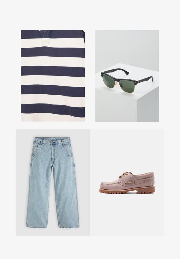 Chemise avec des rayures horizontales bleu marine et blanc, avec un col en V court présentant des détails cousus.; Jean denim droit bleu clair avec poches avant, passants de ceinture, fermeture par boutons et une boucle latérale pour outils.; Chaussure bateau en cuir marron clair avec surpiqûres sur le bout mocassin, lacets en cuir, logo Timberland et semelle en caoutchouc résistante, présentée sur fond blanc.; Lunettes de soleil Ray-Ban avec des verres verts, monture en plastique noir et accents dorés sur les bords. Forme carrée avec une finition mate.