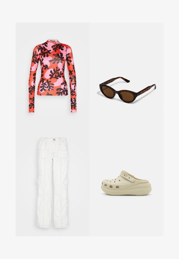 Monki Μπλούζα με μακριά μανίκια - red/pink/multi-coloured; BDG Urban Outfitters Τζιν χαλαρής εφαρμογής - white; Μπεζ κλειστό παπούτσι τύπου τσόκαρο με διάτρητο επάνω μέρος, ρυθμιζόμενο λουράκι και παχιά μαλακή σόλα, σχεδιασμένο για καθημερινή άνεση.; Καφέ γυαλιά ηλίου σε σχήμα vintage cat-eye με καφέ φακούς. Διαθέτουν καμπύλες κροταφίδες με κόκκινες λεπτομέρειες.