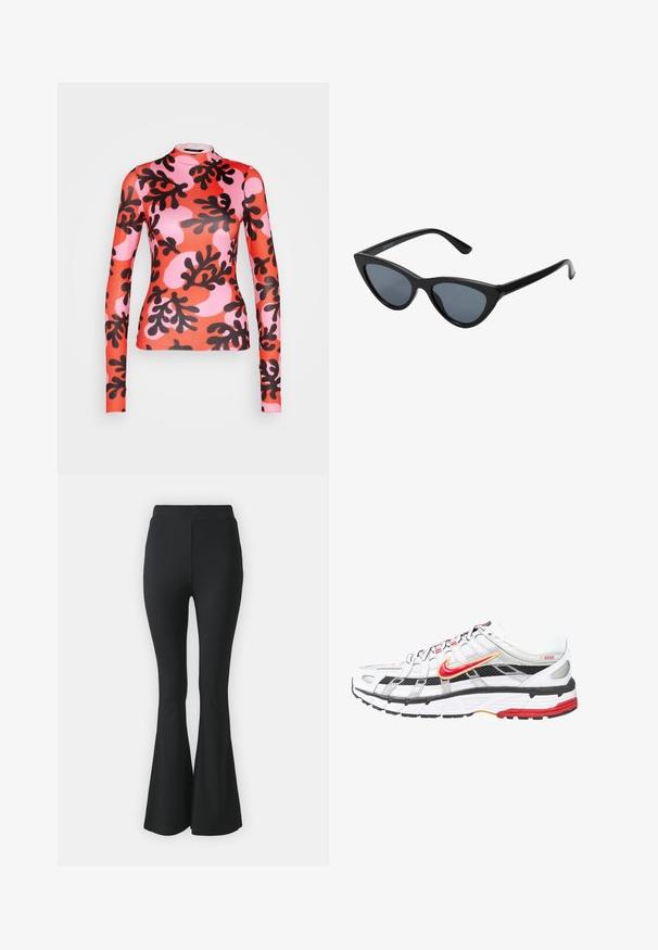 Monki Langarmshirt - red/pink/multi-coloured; Schwarze ausgestellte Hosen aus elastischem Stoff. Sie haben einen hohen Bund und ein glattes, eng anliegendes Design, das ab dem Knie nach unten ausgestellt ist.; Weiße und schwarze Sportschuhe mit roten und goldenen Akzenten. Sie besitzen ein Obermaterial aus Mesh, eine gepolsterte Sohle und ein sicheres Schnürdesign.; Schwarze Cat-Eye-Sonnenbrille mit dunkelgrauen Gläsern, schlankem Kunststoffrahmen, spitzen Ecken und geraden Bügeln. Keine sichtbaren Befestigungen oder Akzente.