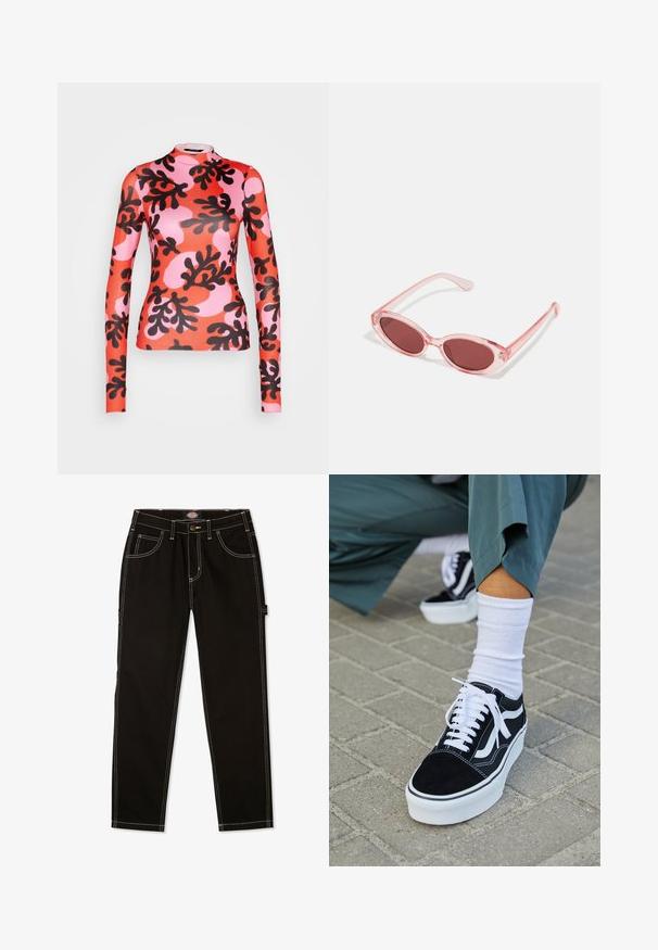 Monki Langærmet T-shirt - red/pink/multi-coloured; Sorte denimbukser med kontrastfarvet hvid syning, fem lommer og en flap på siden. Standard pasform, lige ben design.; Sorte ruskinds sneakers med hvide accenter og snørebånd, der har en tyk hvid sål og kontrasterende syninger, parret med en hvid sok.; Lyserøde transparente solbriller med ovale linser, mørkerød toning og slanke stænger, der har en glat overflade og diskret detaljering på rammen.