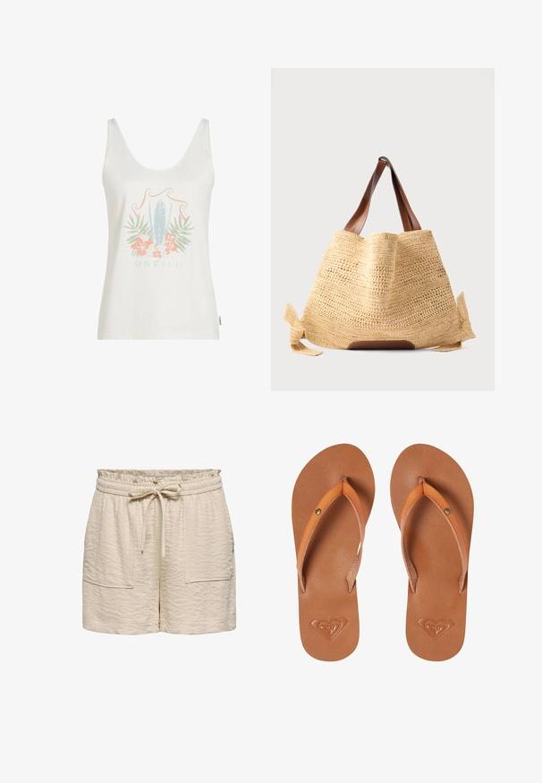 Hvid tanktop med et grafisk motiv bestående af et surfbræt, blomster i pink og grøn, samt teksten "O'Neill" nederst.; Beige teksturerede stofshorts med elastisk linning, snor og to store forlommer.; Brune syntetiske klipklapper med orange stropper, tekstureret overflade og præget hjerte-logo detalje på sålen.; Beige vævet stråtaske med brune læderhåndtag og sideremme, stående oprejst på en ensfarvet baggrund.