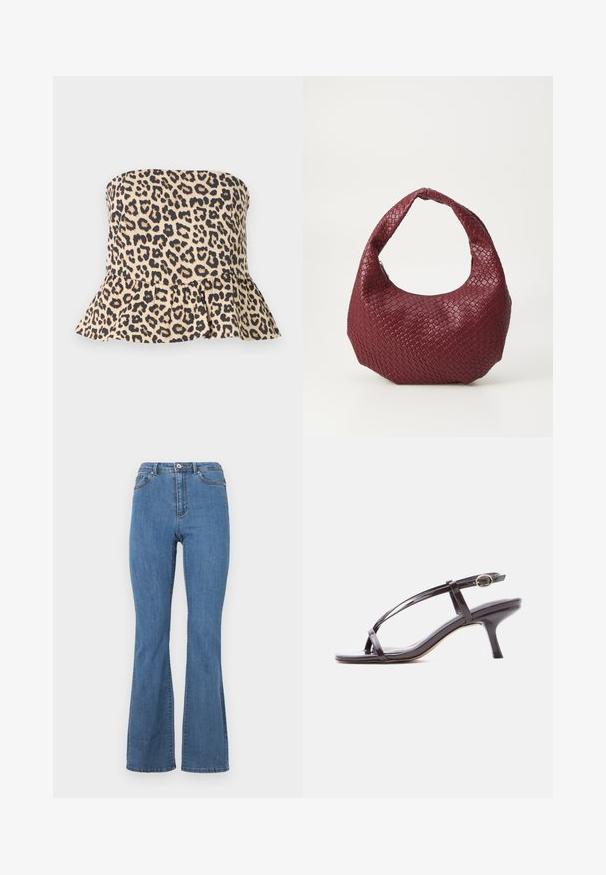 Top bez ramienok so vzorom leopardíka v béžovej a čiernej farbe s rozšíreným peplum lemom a hladkou textúrou tkaniny.; Modré rozšírené džínsy z denimu, s vysokým pásom, kontrastným prešívaním a jediným gombíkom na zapínanie vpredu.; Čierna sandála z lakovanej kože na nízkom podpätku so tenkými prekríženými remienkami a malou zlatou prackou na remienku okolo členka.; Tkaná bordová kabelka s zaobleným siluetou, jedným uchom a textúrovaným povrchom. Zapínanie na zips na vrchu.