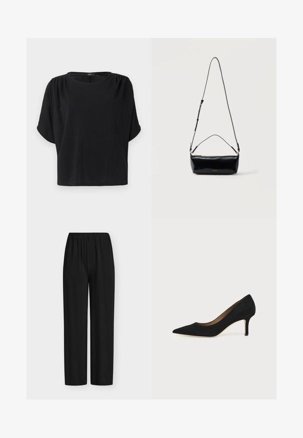Haut noir à manches courtes avec une coupe décontractée, un col rond et des détails froncés aux épaules, confectionné dans un tissu doux et léger.; Pantalon noir avec taille élastique, coupe droite, fabriqué en tissu lisse, présenté à plat sur un fond blanc.; Escarpin en daim noir à bout pointu avec un talon stiletto fin de hauteur moyenne et un design à coupe basse sur un fond uni.; Sac bandoulière rectangulaire en cuir noir avec bandoulière ajustable, fermeture éclair sur le dessus et petit logo Calvin Klein doré sur le devant.