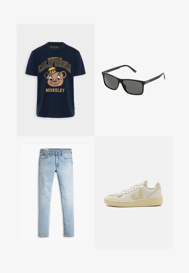 Navyfarbener Baumwoll-T-Shirt mit einem Grafikmotiv eines Bären, der eine Kappe trägt, und dem Schriftzug "University of California Berkeley" in Gelb.; Helle blaue, schmal geschnittene Jeans aus Denim mit Knopf- und Reißverschluss, Fronttaschen und Gürtelschlaufen auf weißem Hintergrund.; Beige Sneaker mit einer strukturierten Mesh-Zehenkappe, glattem Lederoberteil und kontrastierenden Logoakzenten. Flache Gummisohle mit einem eleganten Design.; Schwarze Plastiksonnenbrille mit rechteckigen, polarisierten Gläsern und metallischen Akzenten im Rahmen für verbesserte Haltbarkeit.