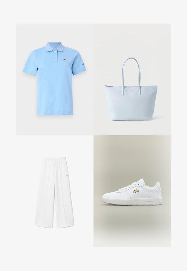 Lichtblauw poloshirt met korte mouwen, twee witte knopen, een zachte kraag en een klein groen krokodillenlogo op de linkerborst.; Witte wijde broek met een elastische tailleband, zachte stofstructuur, centrale plooien en een klein geborduurd Lacoste-logo aan de zijkant.; Witte leren sneakers met een laag ontwerp, ronde neus, vetersluiting en een gouden Lacoste-logoaccent aan de zijkant.; Lichtblauwe shopper met lange handvatten en ritssluiting, met een klein krokodillenlogo in het midden aan de voorkant.