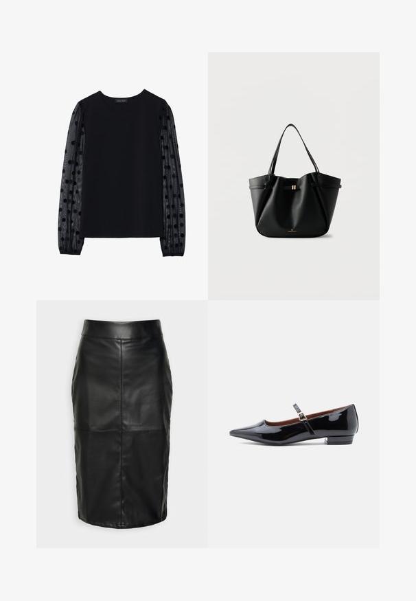 Haut noir avec un corsage en tissu opaque et des manches transparentes à pois. Présente un col rond et des poignets froncés aux manches.; Jupe en cuir noir avec une texture lisse, présentant une taille haute et des coutures piquées qui créent une silhouette structurée et discrète.; Escarpin Mary Jane en cuir verni noir avec bout pointu et petit talon, doté d'une sangle ajustable avec boucle dorée.; Sac cabas en cuir noir avec deux bretelles, un petit fermoir doré et le logo "Anna Field" sur fond blanc.
