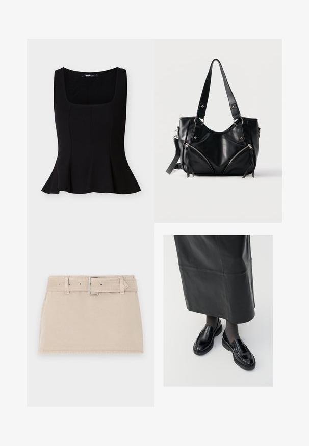 Sort ærmeløs top med firkantet halsudskæring og udvidet kant, lavet af glat stof, vist mod en ensartet lys baggrund.; Abercrombie & Fitch BELTED MINI - Denimnederdele - beige; Sorte læder loafers med en glat finish, prydet med en dekorativ rem, rund tå og tekstureret sål. Båret med en lang sort læderskirt.; Sort læderhåndtaske med to lynlåslommer foran, dobbelte skulderstropper og aftagelig sidelomme mod ensartet hvid baggrund.