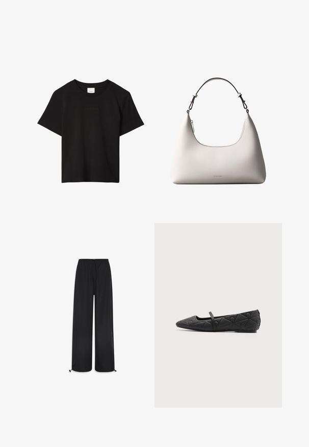 T-shirt noir à manches courtes col rond avec un discret logo Calvin Klein embossé centré sur la poitrine.; Pantalons larges noirs en tissu léger. Ils sont dotés d'une taille élastique avec un cordon de serrage et des poignets réglables à l'ourlet.; Chaussure plate noire à bout pointu avec motifs géométriques matelassés et une fine bride sur le cou-de-pied sur fond uni.; Sac à bandoulière en cuir couleur crème de Calvin Klein avec bord supérieur incurvé, fermeture éclair argentée et sangle ajustable brun foncé.