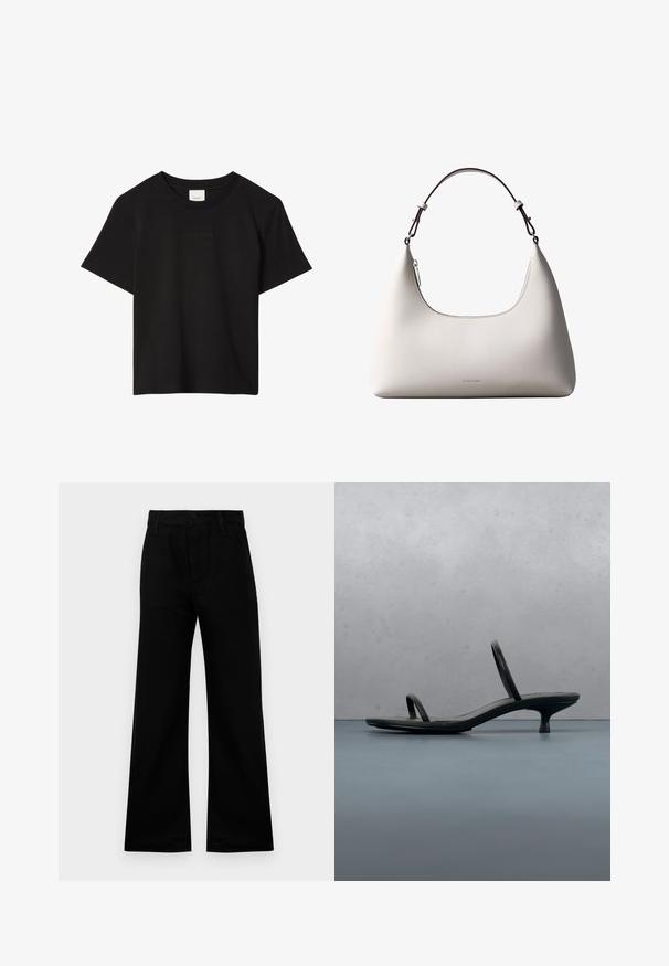 Zwarte T-shirt met korte mouwen en ronde hals, met subtiel reliëf Calvin Klein-logo in het midden van de borst.; Zwarte wijde broek van gladde stof met een hoge taille, voorzien van een knoopsluiting en riemlussen, en biedt een gestructureerde pasvorm.; Zwarte Calvin Klein sandaal met hoge hak en dunne bandjes, in balans op houten tegels buiten, vlakbij een muur en groen.; Romige Calvin Klein leren schoudertas met gebogen bovenrand, zilveren rits en donkerbruine verstelbare riem.