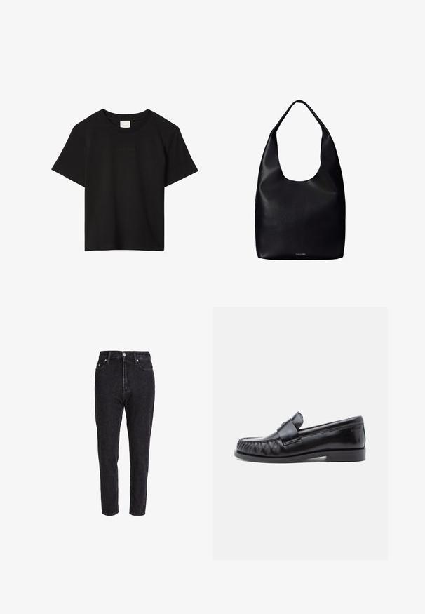 Schwarzes T-Shirt mit kurzen Ärmeln und Rundhalsausschnitt mit dezent eingeprägtem Calvin Klein Logo mittig auf der Brust.; Schwarze Jeans aus Denim mit hoher Taille, zulaufenden Beinen und klassischem Fünf-Taschen-Design. Der Stoff hat eine leicht strukturierte und robuste Textur.; Schwarze Leder-Loafer mit abgerundetem Zehenbereich, markanter Naht und einem dekorativen Riemen über dem Vorderblatt. Glatte Oberfläche und niedriger Absatz.; Schwarze Leder-Shopper-Tasche mit einem breiten einzelnen Schulterriemen und einem dezenten Calvin Klein-Logo in der unteren Mitte.