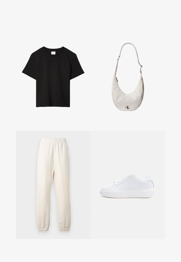 Sort kortærmet T-shirt med rund hals og diskret præget Calvin Klein-logo centreret på brystet.; Kremfarvede joggingbukser med elastisk linning og manchetter, vist fladt mod en lys baggrund.; Hvid lavtop-sneaker med snørelukning, tyk sål og glat overdel, vist fra ydersiden mod en ensartet lys baggrund.; Hvid skuldertaske i læder formet som en halvmåne med justerbar rem, lynlåslukning og sort Calvin Klein-logo foran.