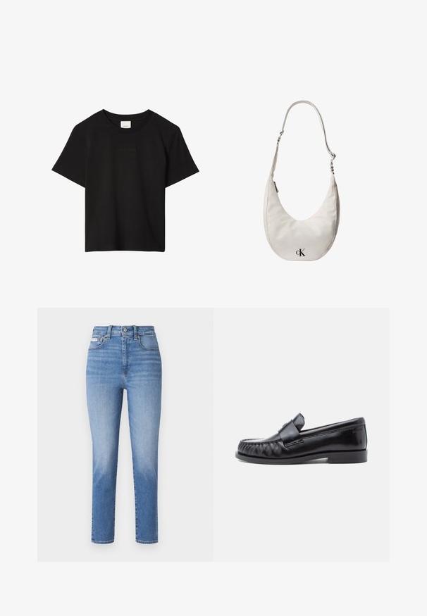 Zwarte T-shirt met korte mouwen en ronde hals, met subtiel reliëf Calvin Klein-logo in het midden van de borst.; Lichtblauwe denim jeans met een hoge taille, rechte pijpen en subtiele vervagingen. Bevat riemlussen, vijf zakken en een metalen knoopsluiting.; Zwarte leren loafers met een afgeronde neus, kenmerkende stiksels en een decoratieve band over de wreef. Gladde afwerking en lage hak.; Witte leren schoudertas in de vorm van een halve maan met verstelbare riem, ritssluiting en zwart Calvin Klein-logo aan de voorkant.