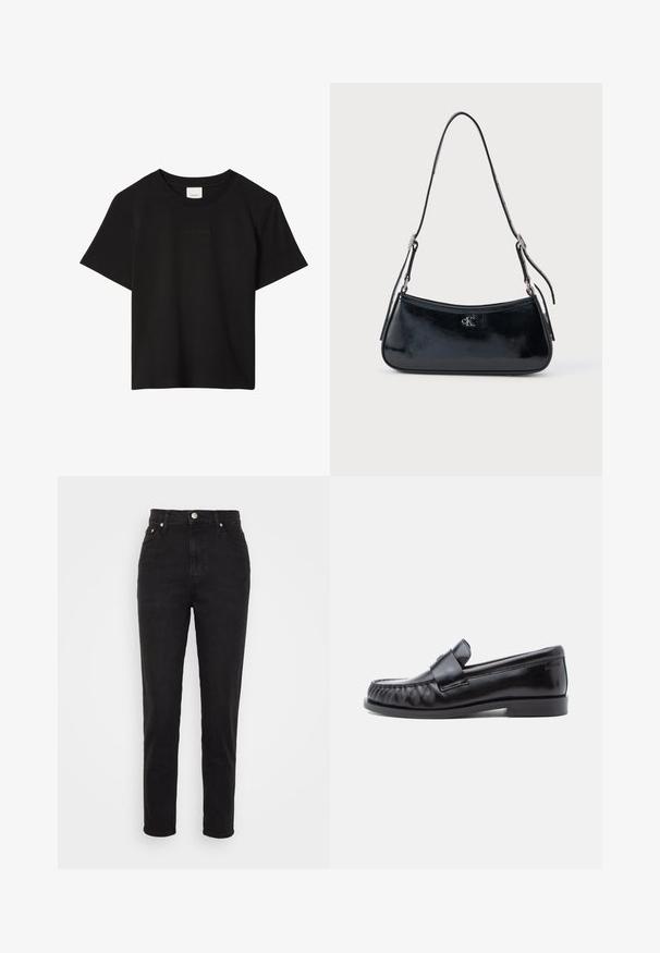 Sort kortærmet T-shirt med rund hals og diskret præget Calvin Klein-logo centreret på brystet.; Sorte højtaljede slim-fit jeans med frontknap, bæltesløjfer og fem-lomme design på hvid baggrund.; Sorte læderloafers med rundet tå, karakteristisk syning og en dekorativ rem over vampen. Glat finish og lav hæl.; Sort læderhåndtaske med en slank, buet form og skinnende overflade. Har sølvhardware og en lille logodetalje på forsiden.