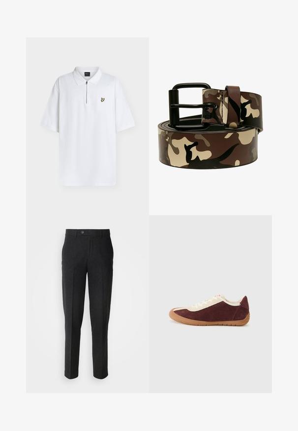Weißes Polohemd mit kurzen Ärmeln, Kragen, Frontreißverschluss und kleinem gelben Vogel-Logo auf der linken Brust.; Lindbergh Stoffhose - black melange; Bordeauxfarbene Wildledersneaker mit beigen Akzenten, Schnürverschluss, Gummisohle und runder Zehenform. Besitzt ein minimalistisches Design und eine strukturierte Oberfläche.; Camo-print Ledergürtel in Braun, Beige und Schwarz. Verfügt über eine schwarze Metallschnalle und eine glatte Textur mit einem glänzenden Finish.