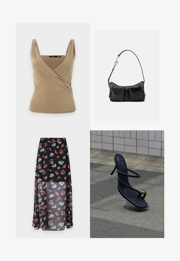 Beige ærmeløs top med en dyb V-udskæring og indpakningsdesign. Fremstillet af glat stof med subtile plisseringer ved skuldrene og en tætsiddende talje.; Sort, gennemsigtig maxiskirt med elastisk talje, der har et flerfarvet skald- og sommerfuglemønster. Letvægts, svævende stof.; Sort hæl-sandal med stropper og tå-ring med en guldkugle, svævende over tekstureret fortov og flisebelagt væg i baggrunden.; Sort skuldertaske i læder med justerbar rem og to store forlommer med lynlås på en ensartet lys baggrund.