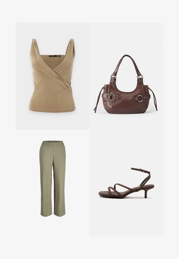 Beige ærmeløs top med en dyb V-udskæring og indpakningsdesign. Fremstillet af glat stof med subtile plisseringer ved skuldrene og en tætsiddende talje.; Lys olivengrønne, løstsiddende bukser med elastisk talje, designet i et glat, let materiale, med lige ben.; Brun højhælet sandal med tynde krydsede stropper og en ankelrem med en sølvspænde på en hvid baggrund.; Brun læderhåndtaske med rund form, sølvhardware, to sideskuldre og en glat tekstur. Har en enkelt toppen håndtag.