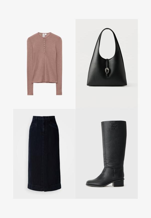 Lange mouw mauve henley-shirt met een ronde hals en een voorpand met negen kleine bijpassende knopen.; Donkerdenim midi-rok met een hoge taille, sluiting met knopen aan de voorkant en zijzakken; heeft een rechte snit en subtiele zoomdetails.; Zwarte leren kniehoge laars met een gestructureerde afwerking, ronde punt en een lage blokhak. Kenmerkt zich door het reliëf DKNY-logo op de buitenkant van de schacht.; Zwarte lederen handtas met een enkele handgreep en een zilveren gesp als sluiting op een witte achtergrond.