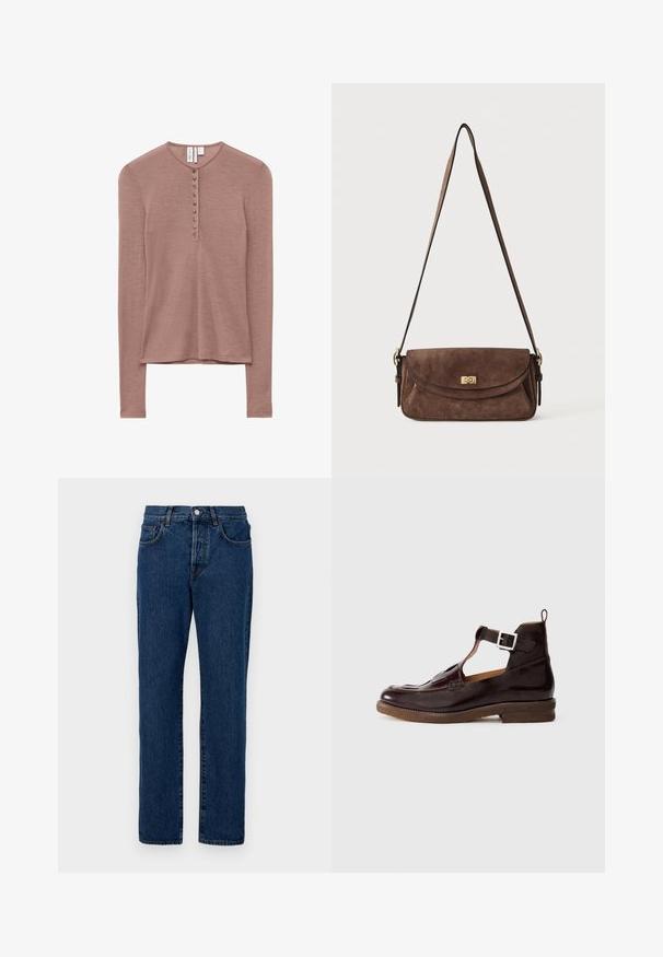 Camisa henley de manga larga en color malva con cuello redondo y una tapeta frontal con nueve pequeños botones a juego.; Jeans de mezclilla en azul oscuro, con un corte clásico de pierna recta, cinco bolsillos y costuras visibles. La tela tiene una ligera textura.; Zapato de cuero marrón con diseño de tira en T, cierre con hebilla, punta redondeada, acabado texturizado y suela baja marrón.; Bolso de hombro de ante marrón con una larga correa ajustable y un cierre giratorio dorado en la solapa frontal.
