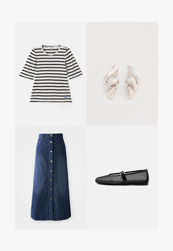 T-shirt rayé en crème et bleu marine, présentant des manches courtes, une texture côtelée, un col rond et un petit logo bleu près de l'ourlet.; Jupe maxi en denim foncé avec des rayures blanches verticales, fermeture à boutons sur le devant et légère évasement à l'ourlet. Comprend cinq boutons et un surpiquage contrasté.; Ballerine noire en mesh avec bout rond et bride Mary Jane réglable avec boucle argentée, sur un fond gris clair uni.; Boucles d'oreilles clips en métal argenté torsadé avec une finition lisse et brillante, présentant un design moderne et abstrait en spirale.