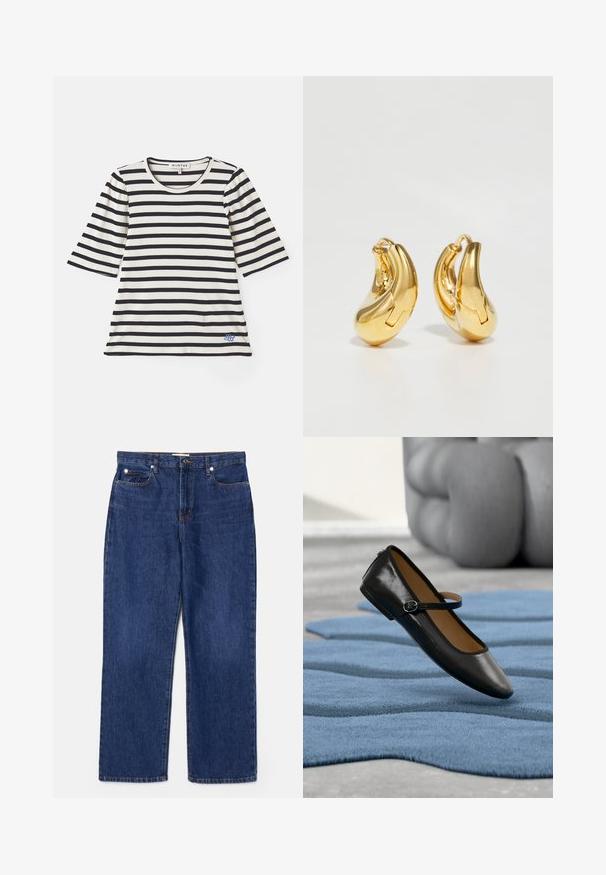 T-shirt rayé en crème et bleu marine, présentant des manches courtes, une texture côtelée, un col rond et un petit logo bleu près de l'ourlet.; Jean en denim bleu foncé avec une taille haute, une coupe droite, cinq poches et des détails en métal argenté. Présente un léger délavage et des coutures brodées.; Chaussure Mary Jane en cuir noir avec bride à boucle, posée sur un tapis bleu texturé, avec un canapé gris capitonné flou en arrière-plan.; Boucles d'oreilles en or en forme de d'anneaux lisses et courbés avec une finition polie. Équipées d'un mécanisme de fermeture et de légères indentations pour le détail.