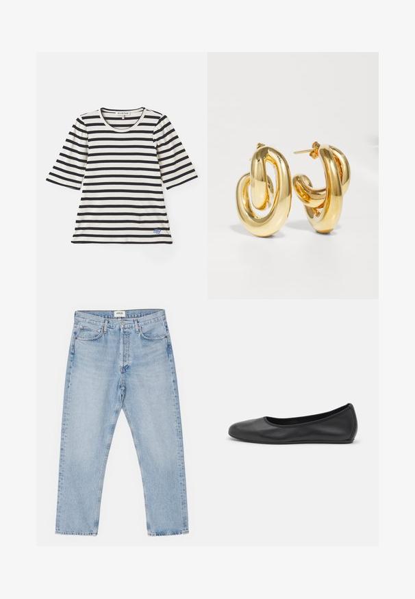 Stribet t-shirt i creme og marineblå, med korte ærmer, ribbet struktur, rund halsudskæring og en lille blå logo-detalje nær kanten.; Lysblå denimjeans med en klassisk lige skåret ben, fem lommer og knaplukning, der har en subtil falmet effekt og en robust tekstur.; Sort læderballetsko med rund tå, glat tekstur, minimal syning og et fleksibelt såldesign.; Charlotte Chesnais BO INITIAL BLOW - Øreringe - gold-coloured