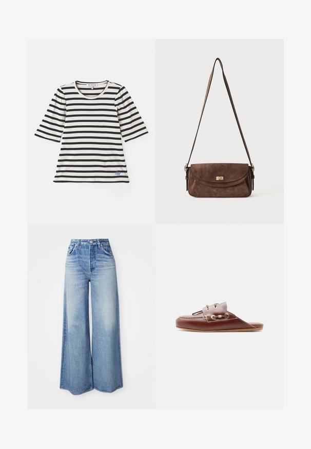 T-shirt rayé en crème et bleu marine, présentant des manches courtes, une texture côtelée, un col rond et un petit logo bleu près de l'ourlet.; Jean large en denim bleu clair, avec une taille haute, un design à cinq poches, un lavage dégradé et un ourlet effiloché.; Mocassin à enfiler en cuir marron avec couture moc toe, œillets dorés et détail de lacet décoratif sur le côté, semelle plate, profil latéral.; Sac bandoulière en daim marron avec une longue sangle réglable et une fermeture à tour dorée sur le rabat avant.