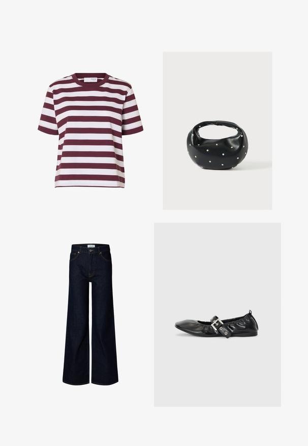 Kurzärmeliges T-Shirt mit Rundhalsausschnitt und breiten horizontalen weißen und dunkelroten Streifen.; Dunkelblaue Denim-Jeans mit weitem Bein, vorne mit Knopf und Reißverschluss, Gürtelschlaufen und vorderen Taschen, auf weißem Hintergrund dargestellt.; Schwarze Leder-Ballerinas mit spitzem Zehenbereich, gerafften Details am Schaft und einem silbernen Schnallenakzent am verstellbaren Riemen.; Schwarze Lederhandtasche mit abgerundeter Form, verziert mit silbernen Nietenakzenten und kurzem Griff. Glatte Struktur und Reißverschlussverschluss.