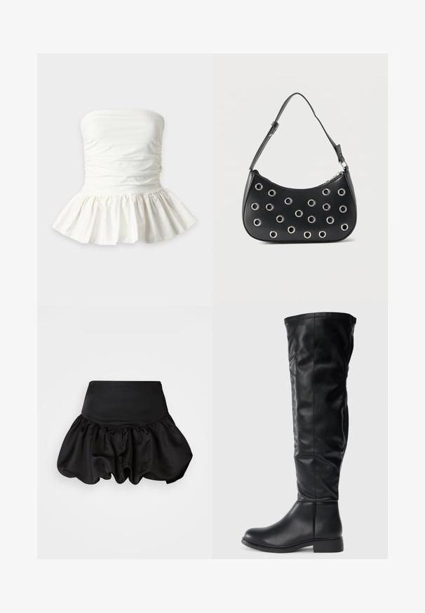 Hvid stropfri peplum-top med opsamlet stofdetalje omkring brystet og udsvinget flæsekant.; Sort satin nederdel med en tilpasset talje og voluminøs, rynket kant. Har en glat tekstur og en ballon-silhuet.; Sorte knæhøje støvler lavet af glat læder, med rund tå, lav blokhæl og en let skråning på skaftet med syninger.; Sort læder skuldertaske med justerbar rem, dekoreret med sølvfarvede metalnitter og lukning med øverste lynlås.
