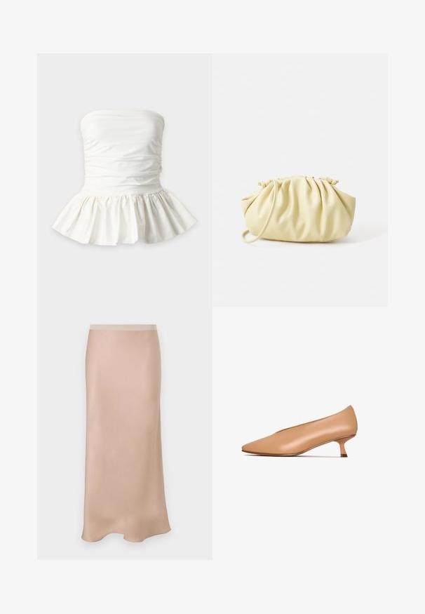Witte strapless peplum top met geplooide stofdetail rond de buste en uitlopende rucheszoom.; Satin midirok in lichtbeige met een gladde textuur. Heeft een aansluitende tailleband en een subtiele A-lijn vorm, die voorzichtig uitloopt aan de zoom.; Nude leren pumps met een spitse neus, lage kittenheel en een gladde textuur. Minimalistisch ontwerp zonder zichtbare patronen of hardwaredetails.; Geel geplooide handtas van soepel nepleer, met een zachte vorm, een enkele schouderriem en een verzameld ontwerp aan de bovenkant.