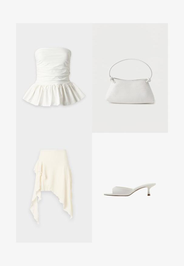 Top péplum blanc sans bretelles avec un détail de tissu froncé autour de la poitrine et un ourlet volanté évasé.; Jupe asymétrique blanche ivoire avec tissu texturé et ourlet froufrouté, irrégulier, plus long sur les côtés.; Mule ouverte blanche à bout ouvert avec un petit talon kitten bas et une tige en cuir lisse, montrée de profil sur un fond blanc.; Sac à main en cuir tressé blanc avec poignée arrondie et extrémités de lanière nouées, présenté sur un fond uni.