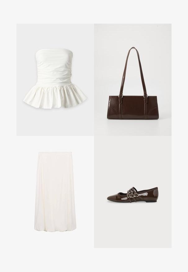 Witte strapless peplum top met geplooide stofdetail rond de buste en uitlopende rucheszoom.; Witte, knielange rok met een vloeiende uitstraling en een zachte textuur. Eenvoudig ontwerp zonder zichtbare patronen of hardwaredetails.; Bruine lakleren platte schoen met puntige neus en drie verstelbare gespen aan de zijkant, gezien vanaf de buitenkant.; Bruine lakleren handtas met een rechthoekige vorm, twee lange handvatten en subtiele gebogen accenten aan de voorkant.