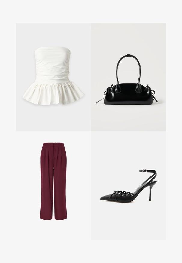 Valge rihmadeta peplum-top, millel on kogutud kangasisu rindade ümber ning lahkuv satsilise alläär.; Burgundia värvi laiad püksid, millel on ees voldid ja elastne vöökoht. Sile tekstuur, täispikk disain.; Mustad terava ninaga kõrge kontsaga kingad laineliste servadega, metallist silmadega, ees nööriga ja pahkluu rihmaga, mis kinnitub pandlaga.; Väike must läikiv käekott kahe pika sangaga ja külgedel paelakinnitustega, ühel lihtsal helel taustal.