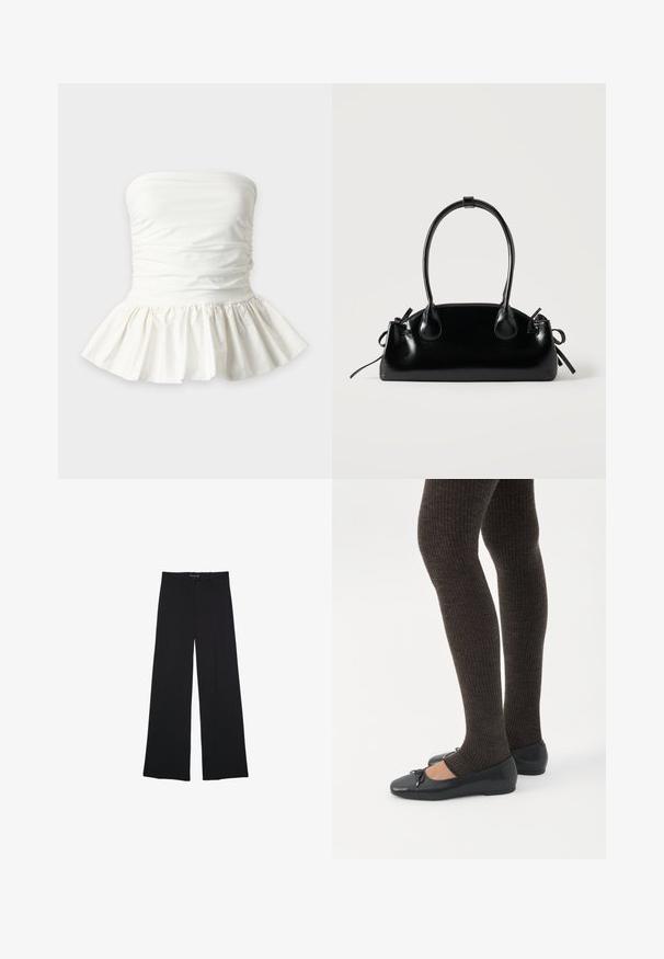 Hvid stropfri peplum-top med opsamlet stofdetalje omkring brystet og udsvinget flæsekant.; Sorte bredbenede bukser lavet af et glat stof. Har en klassisk pasform, forlommer og en talje med knaplukning.; Ben iført mørke ribbede leggings kombineret med sorte balletsko med små sløjfedetaljer på hvid baggrund.; Lille sort blank håndtaske med to lange håndtag og snøre-detaljer i siden på en ensfarvet lys baggrund.